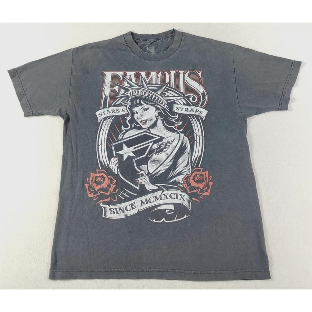 Famous Stars & Straps Shirt Mens Large Black Lady Liberty Distressed Roses